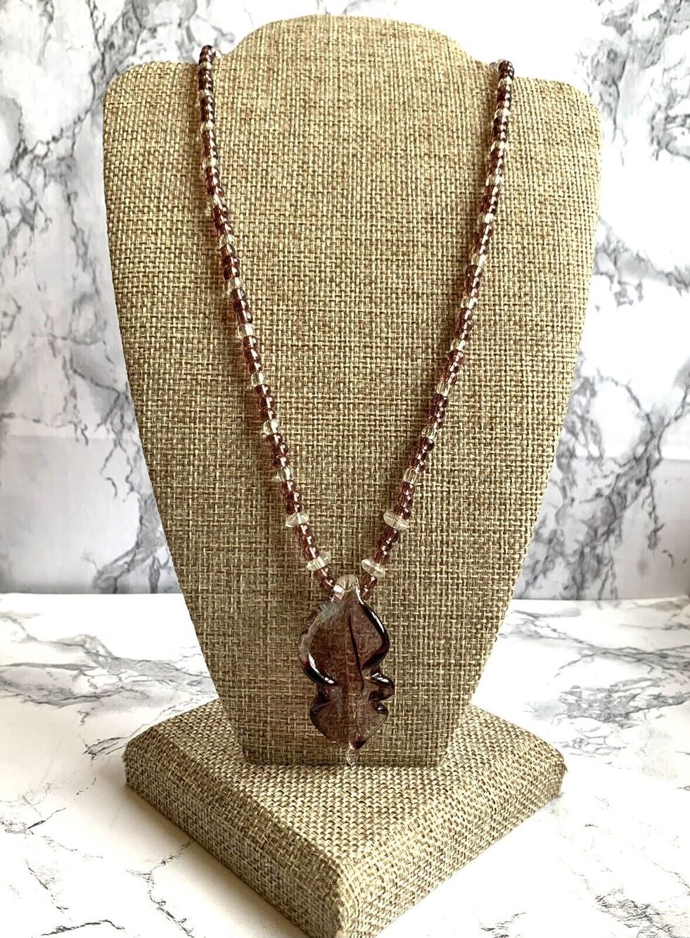 Vtg Artisan Glass Flower Petal Necklace Pendant Beaded Purple Clear Glass ~16"